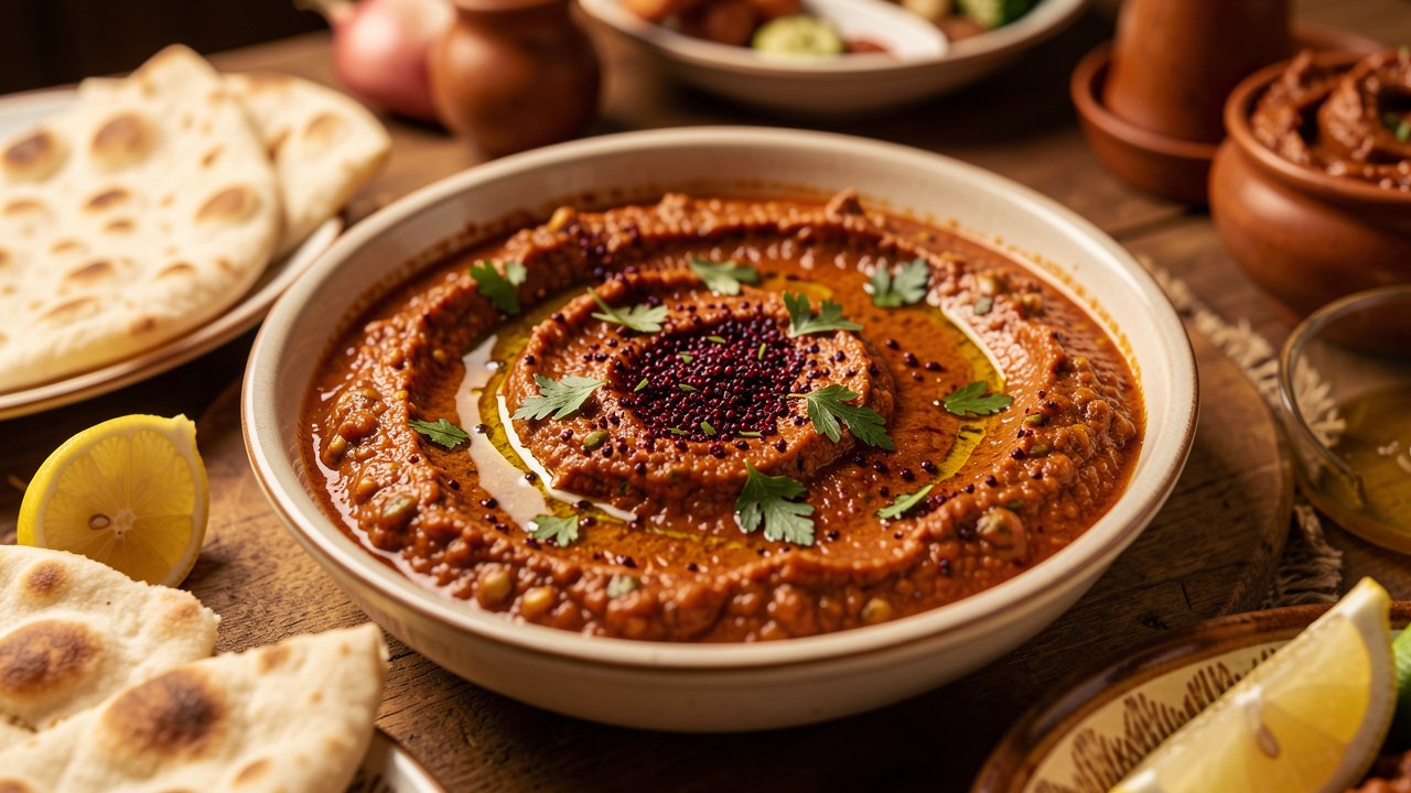 Finished Turkish ezme spread in a dish, drizzled with olive oil and served with flatbread
