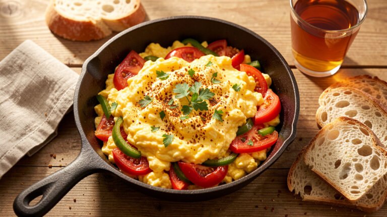 A rustic skillet of Turkish menemen with soft eggs, tomatoes, and peppers, served with crusty bread