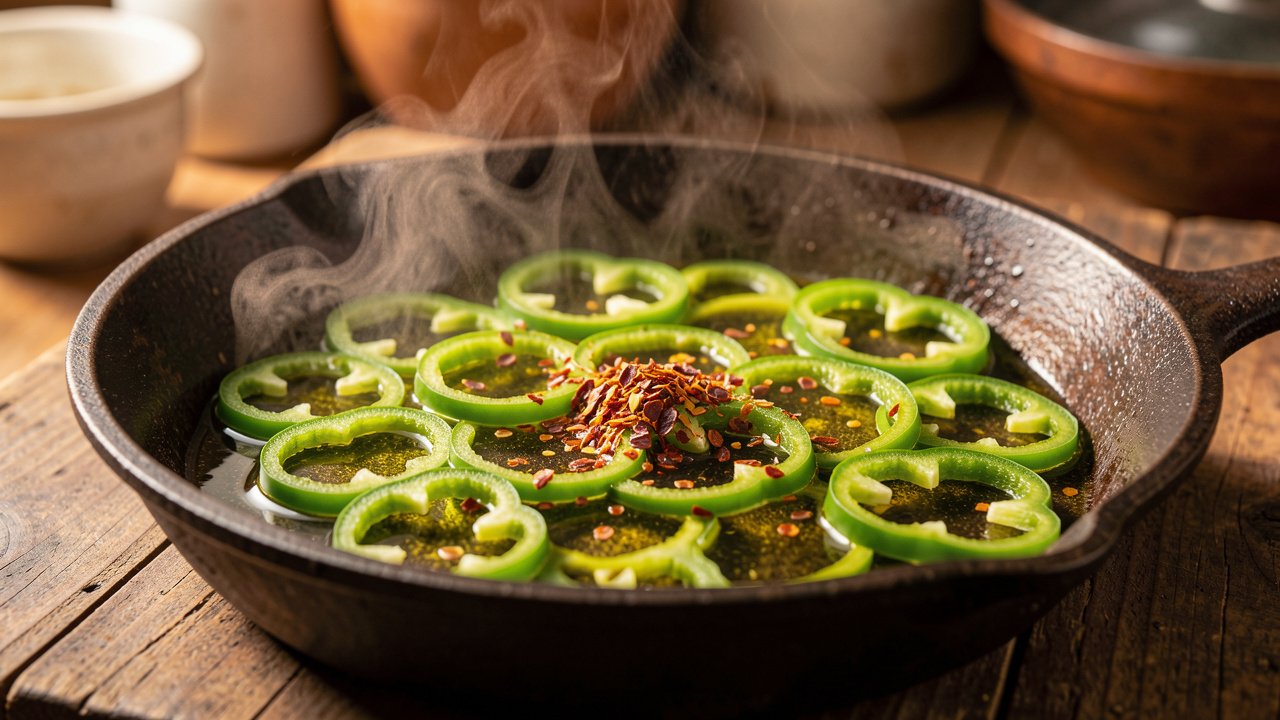 Sliced green peppers softening in olive oil with Aleppo pepper in a skillet