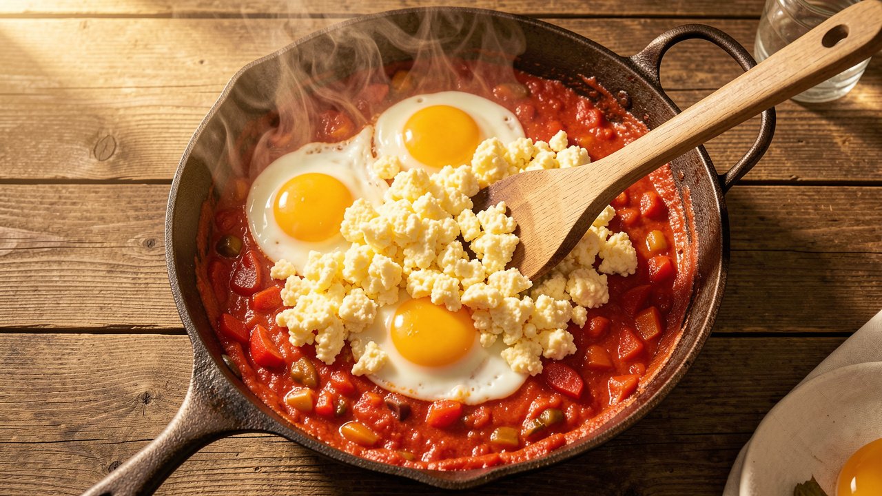 Eggs being gently folded into a thick tomato and pepper base to form a soft scramble