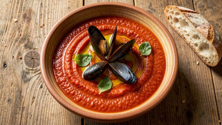 A bowl of thick Tuscan tomato bread soup topped with open steamed mussels, olive oil, and basil