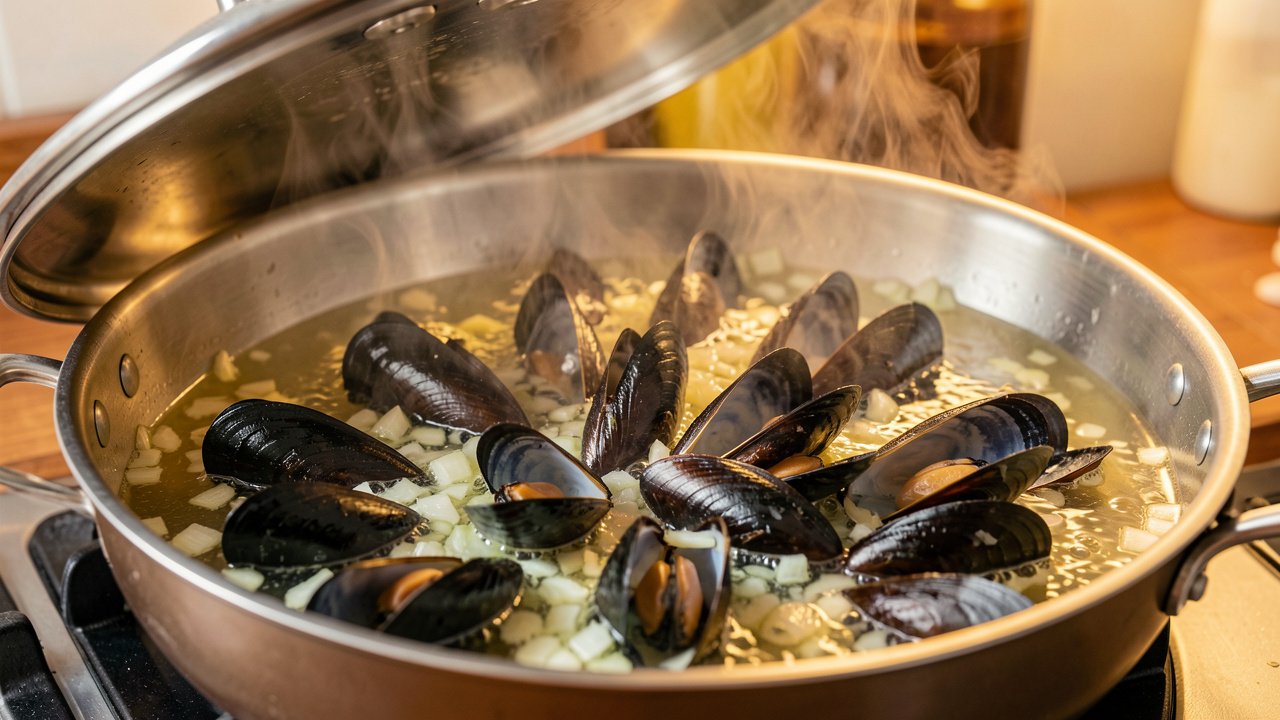 Mussels steaming open in a pan of white wine with shallot