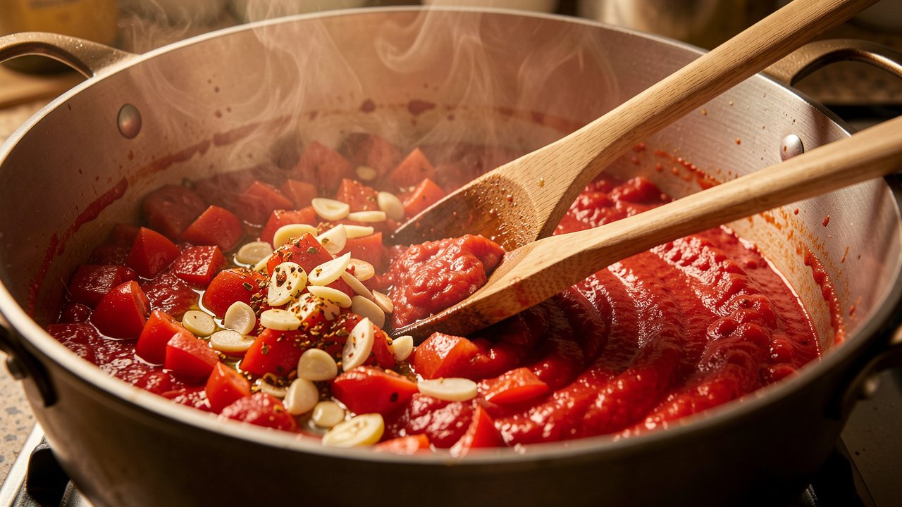 Tomatoes cooking down with garlic and chili flakes in olive oil in a heavy pot