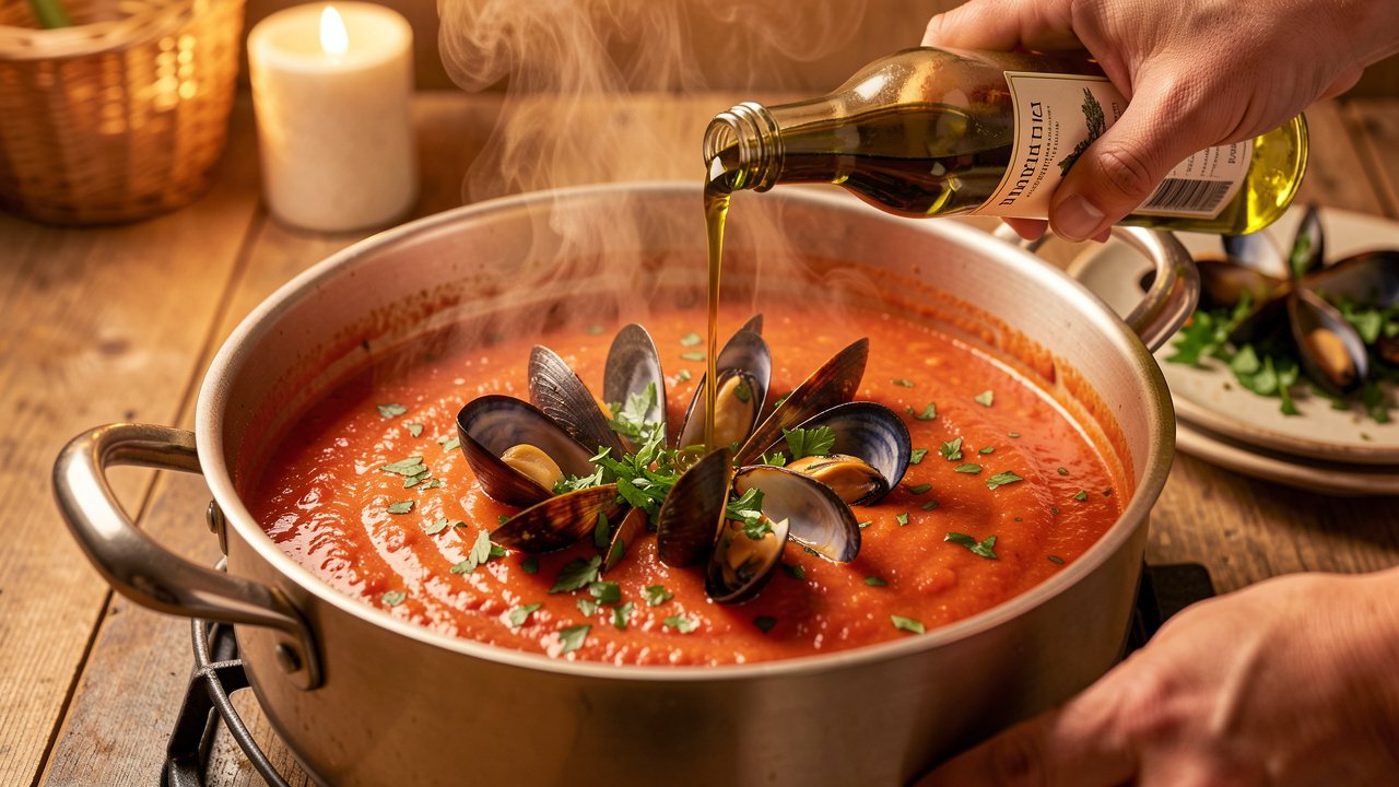 Steamed mussels and parsley being folded into thick tomato bread soup with olive oil