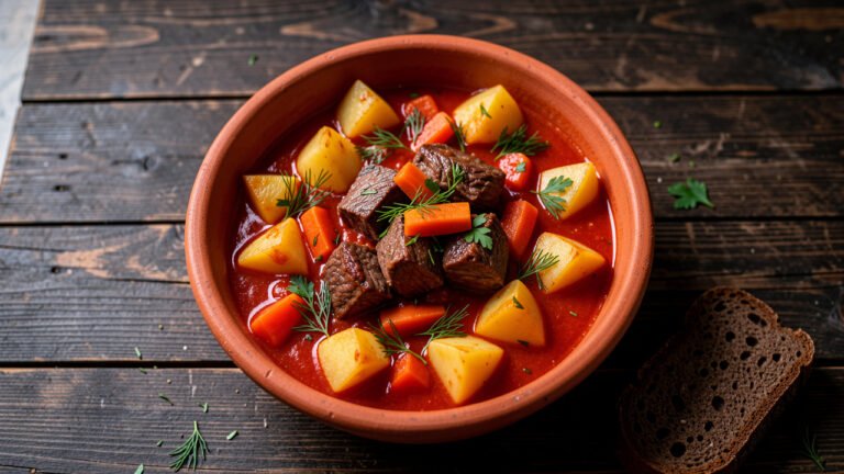 A clay pot of Ukrainian zharke with tender beef and potato in a rich tomato sauce, topped with dill