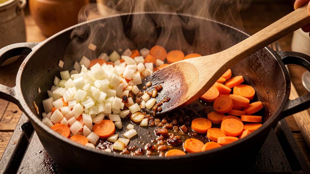 Onion and carrot softening in a heavy pot for zharke