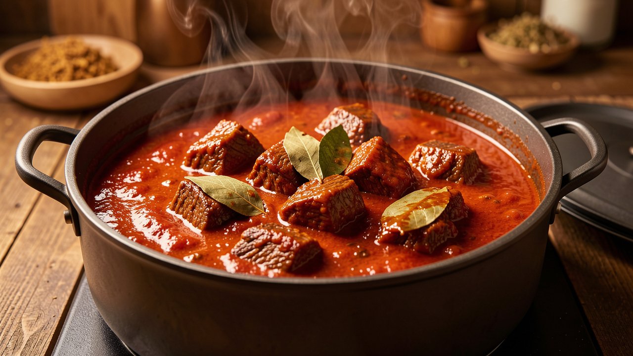 Beef braising in a rich red tomato sauce with bay leaves