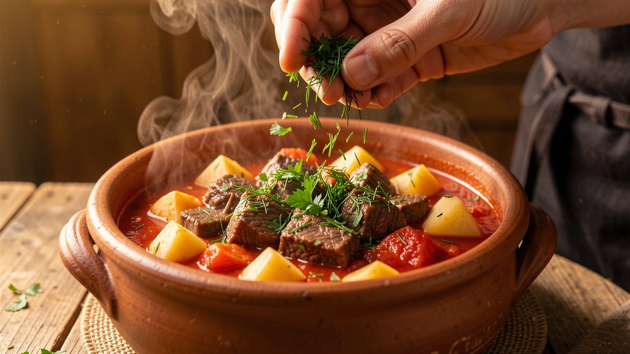 Finished zharke in a clay pot showered with fresh dill and parsley