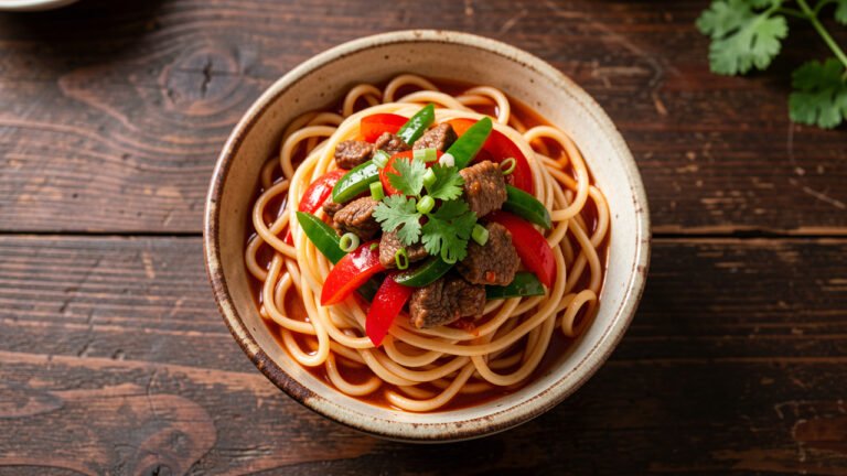A bowl of Uyghur laghman, hand-pulled noodles topped with a glossy tomato, pepper, and lamb sauce