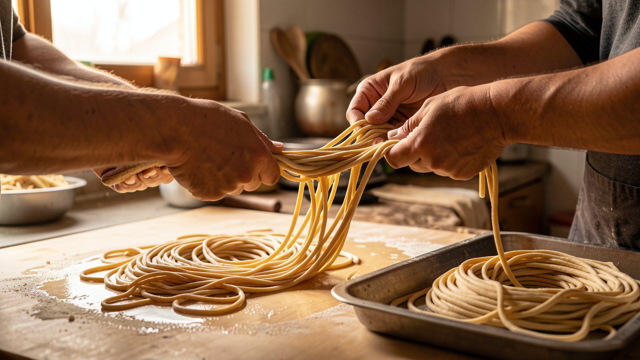 Hands stretching a rope of dough into long thin hand-pulled laghman noodles