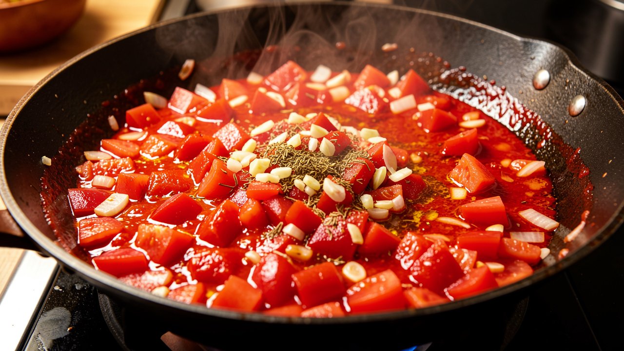 Tomatoes cooking down into a glossy red saigan sauce in a wok