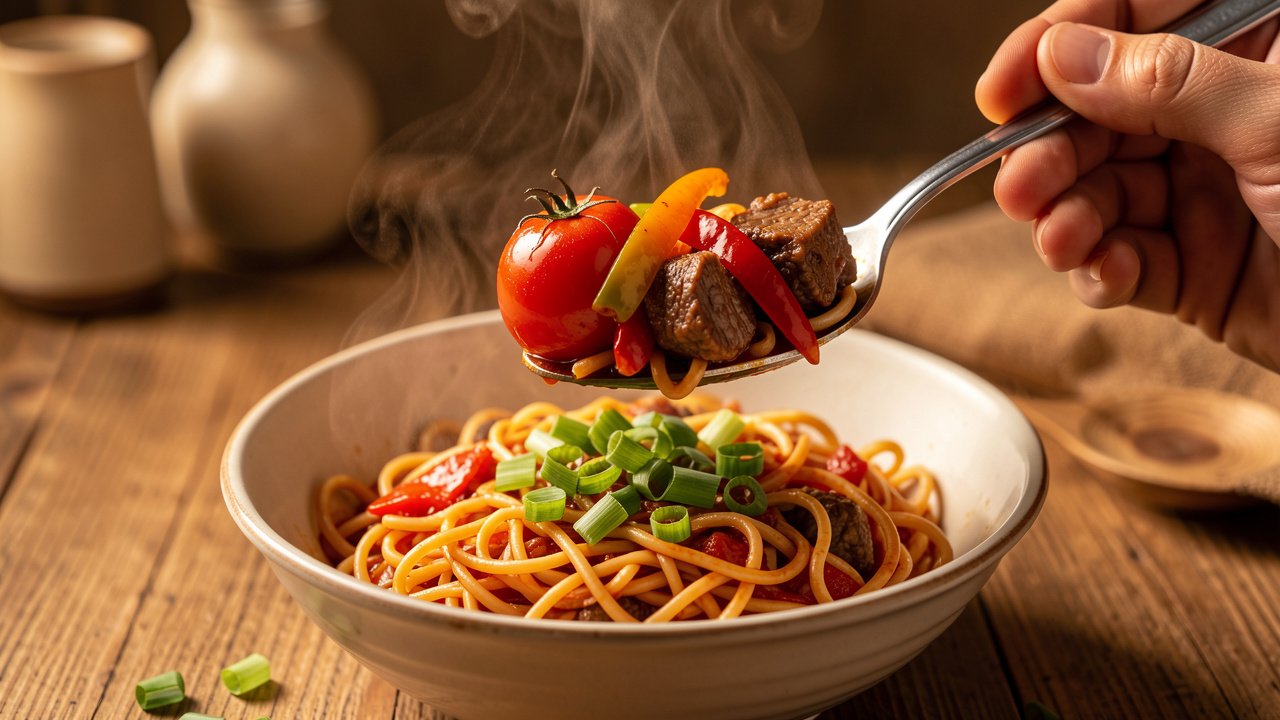 Glossy tomato and lamb saigan being spooned over a bowl of hand-pulled laghman noodles