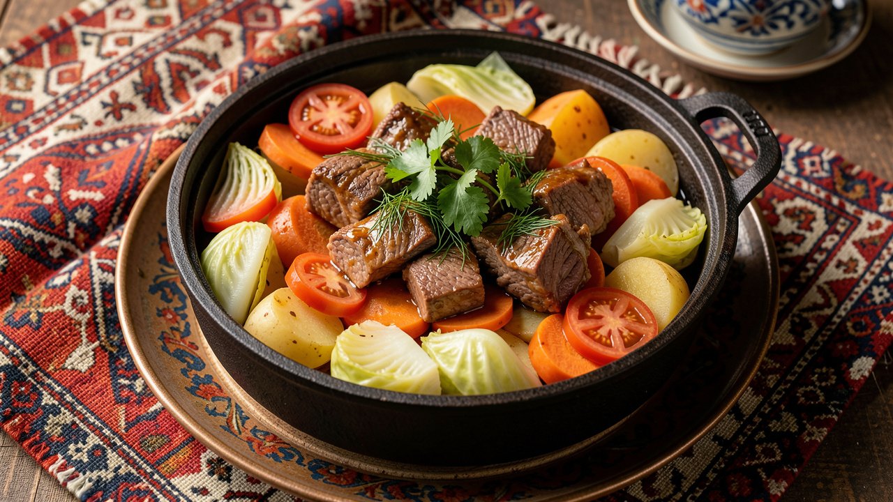 A platter of Uzbek dimlama with tender halal lamb layered with potato, carrot, cabbage, and tomato