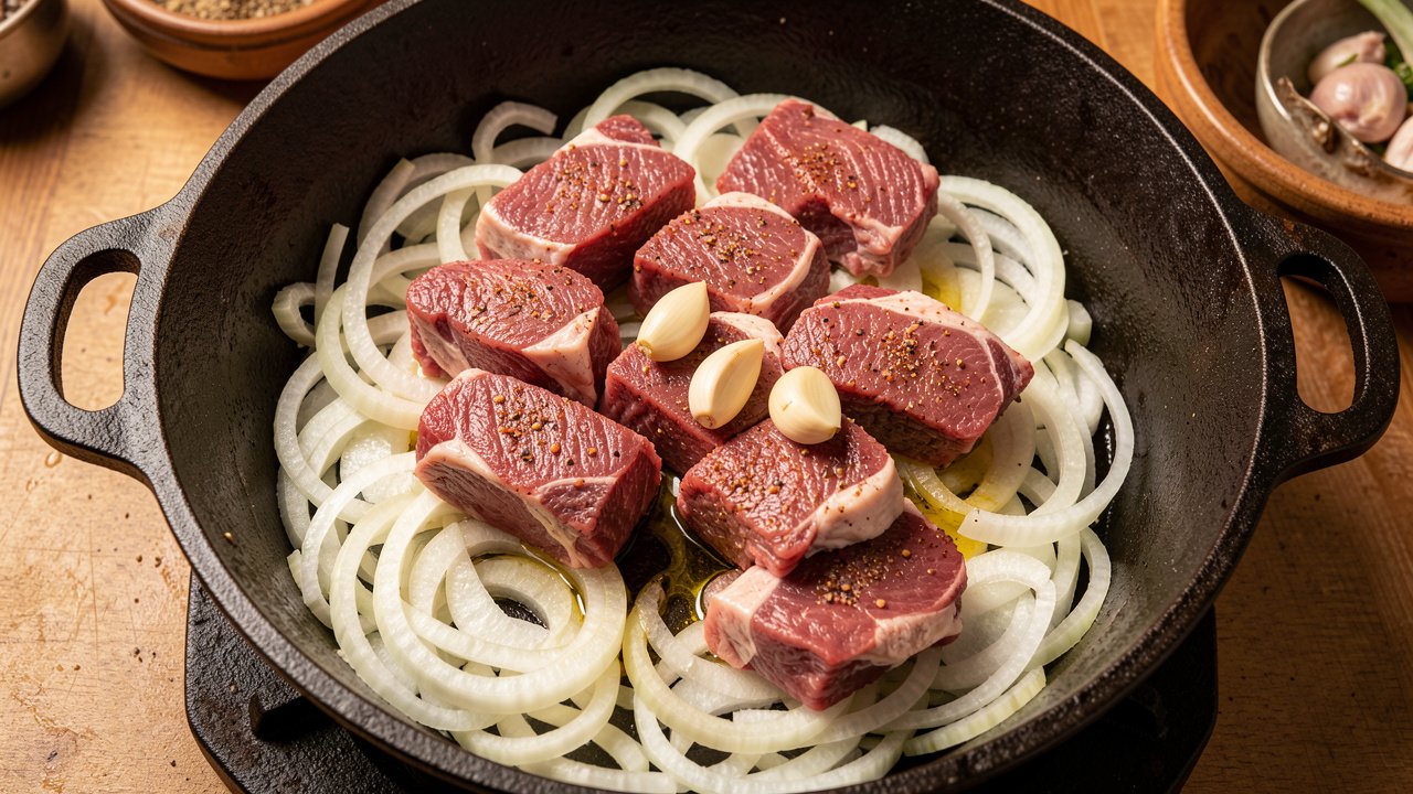 Sliced onions and seasoned halal meat layered in the base of a heavy pot with whole garlic cloves