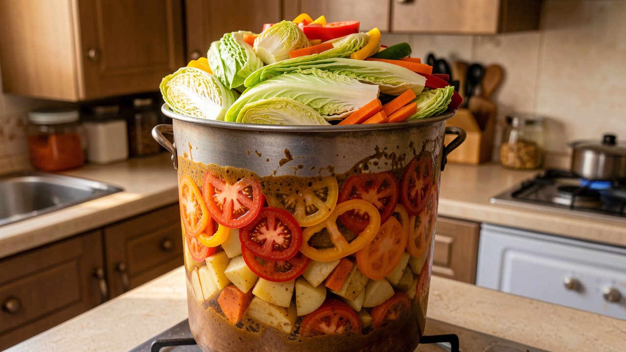 Layers of tomato, pepper, and cabbage wedges stacked over root vegetables in a heavy pot