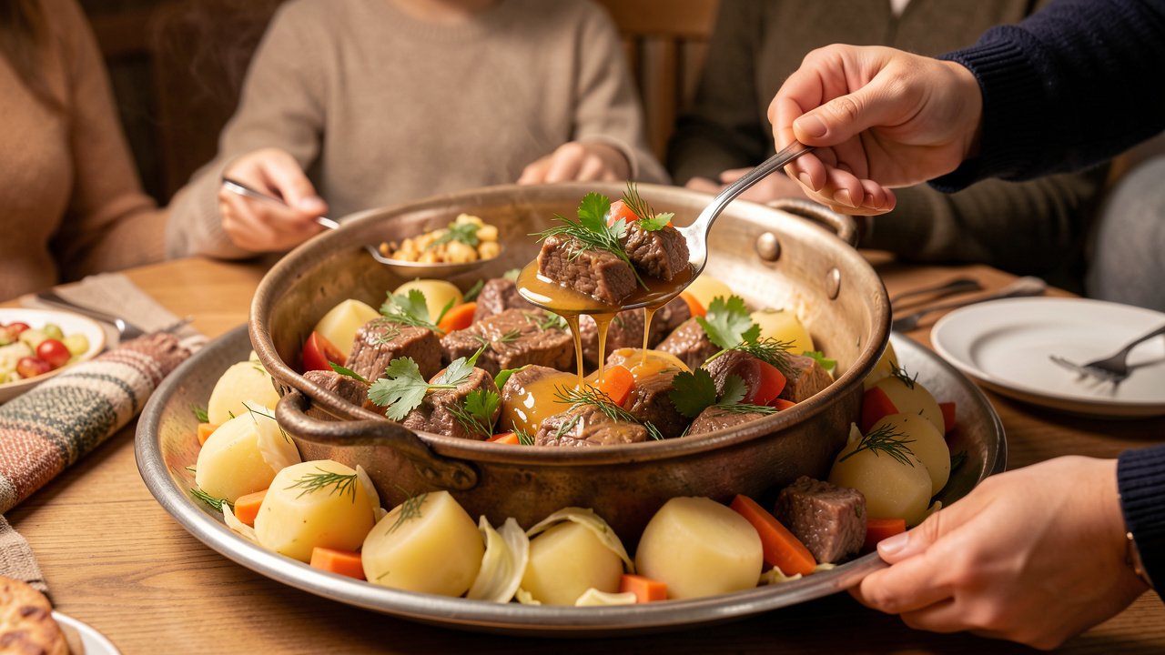 Finished dimlama served onto a platter, tender halal lamb with vegetables and pot juices, herbs on top