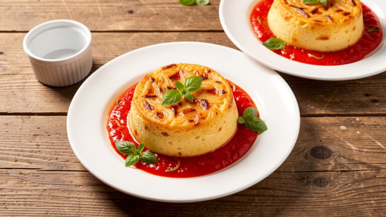 A warm onion flan unmolded onto a plate in a pool of fresh tomato sauce with basil