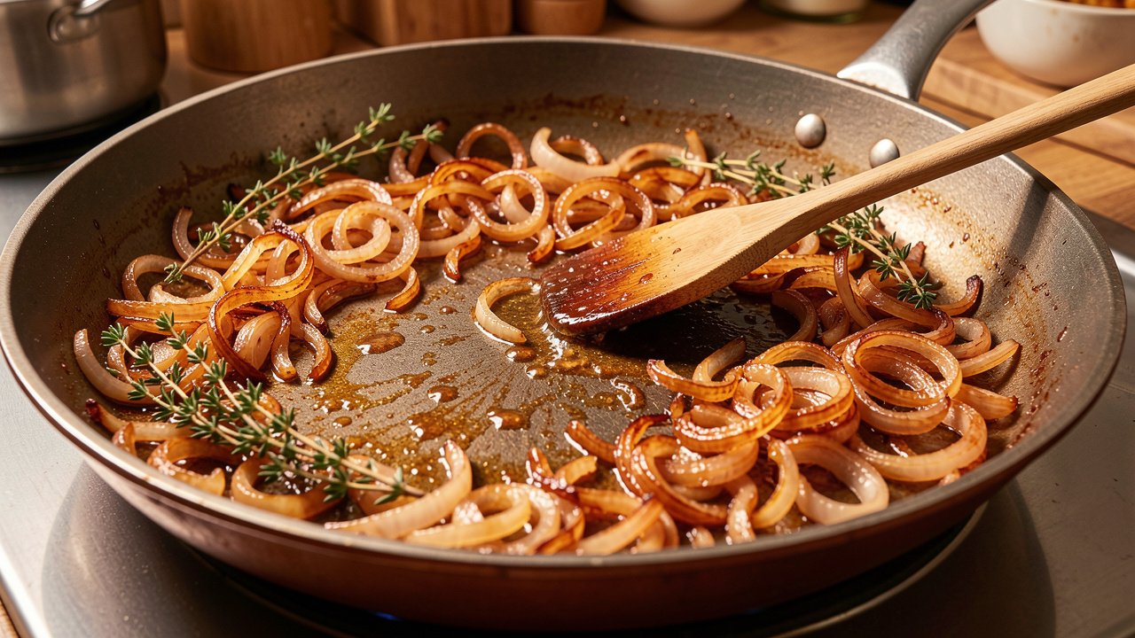 Sliced onions caramelized to a jammy copper brown in a skillet with a wooden spoon