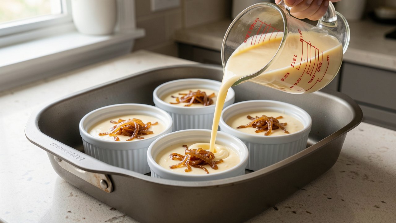 Onion custard base being poured from a jug into buttered ramekins in a roasting pan