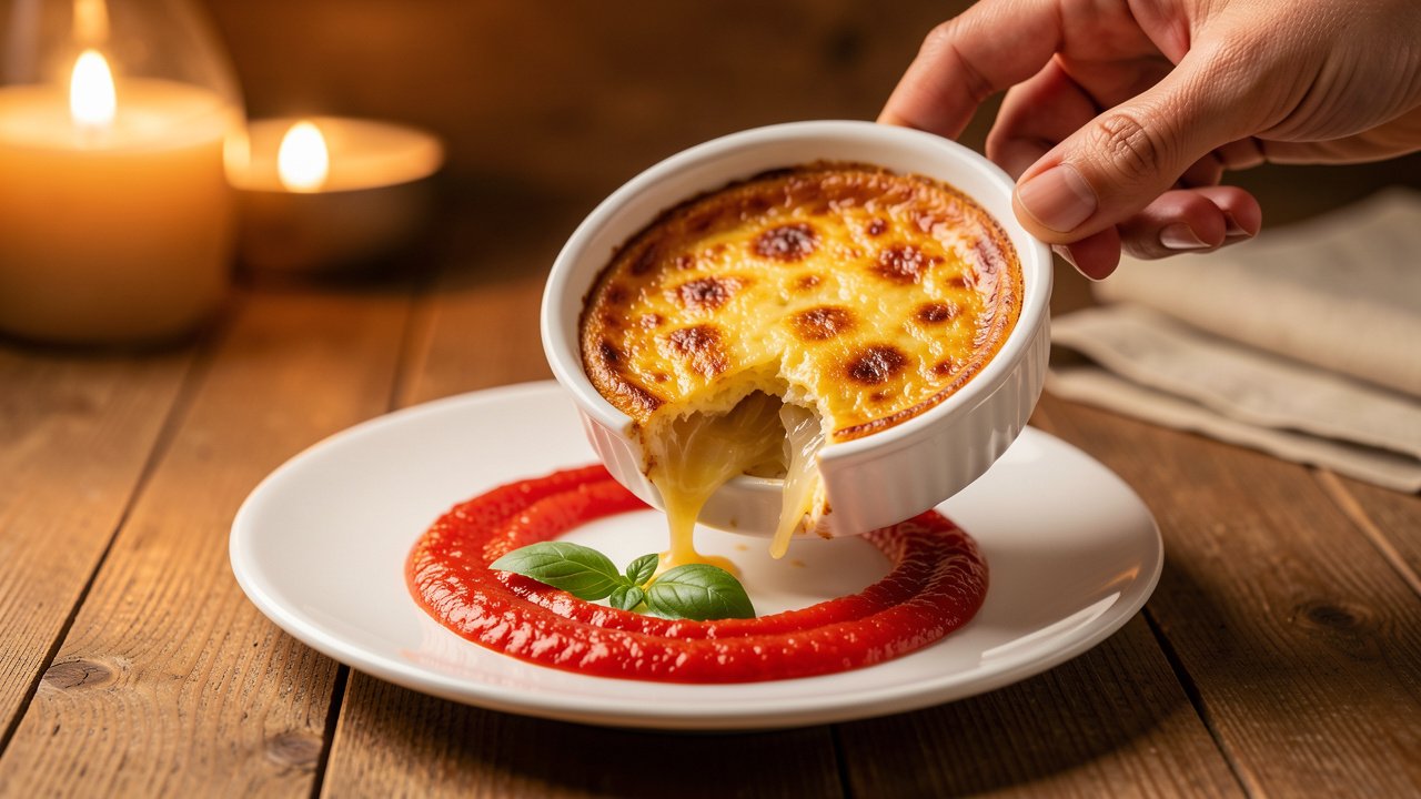 A ramekin being lifted to release a warm onion flan onto a plate with tomato sauce
