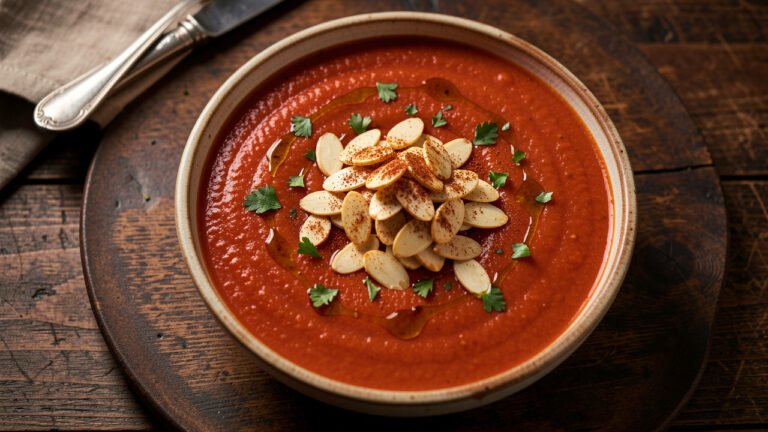A bowl of warm-spiced tomato soup topped with toasted sliced almonds and smoked paprika