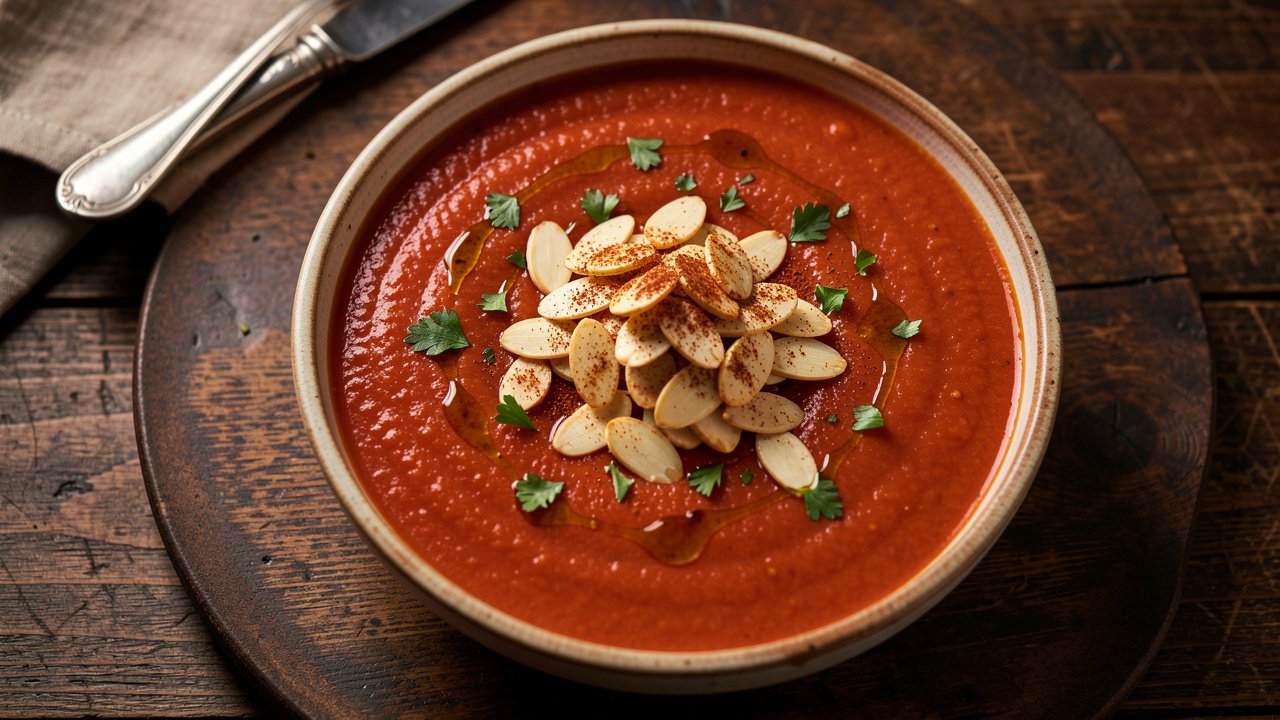A bowl of warm-spiced tomato soup topped with toasted sliced almonds and smoked paprika
