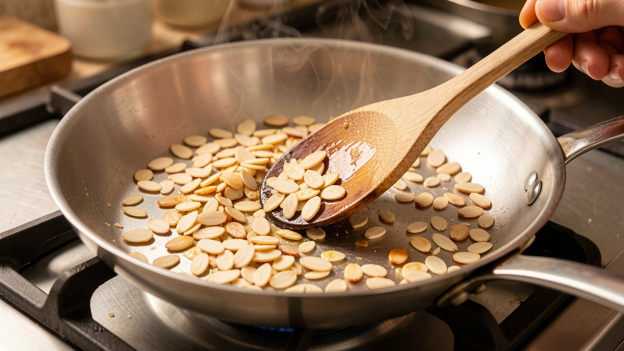 Sliced almonds toasting to pale gold in a dry skillet, stirred with a wooden spoon