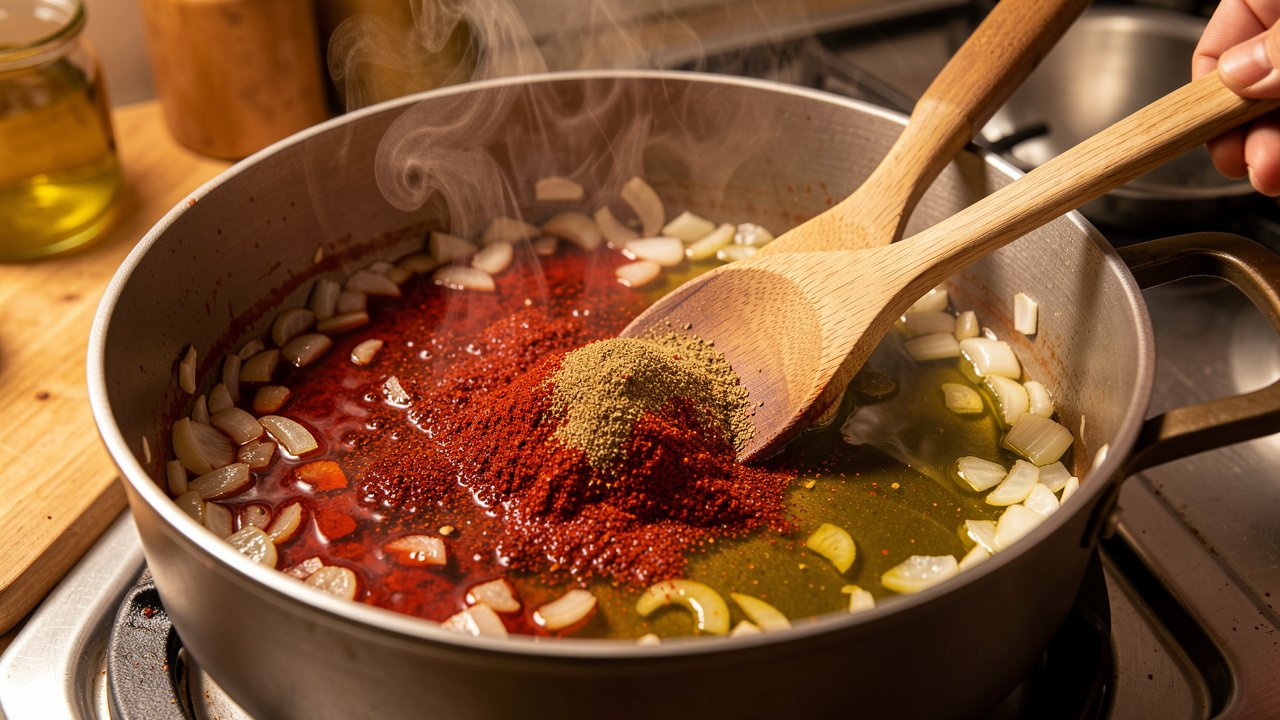 Smoked paprika and cumin blooming in olive oil with softened onions in a soup pot