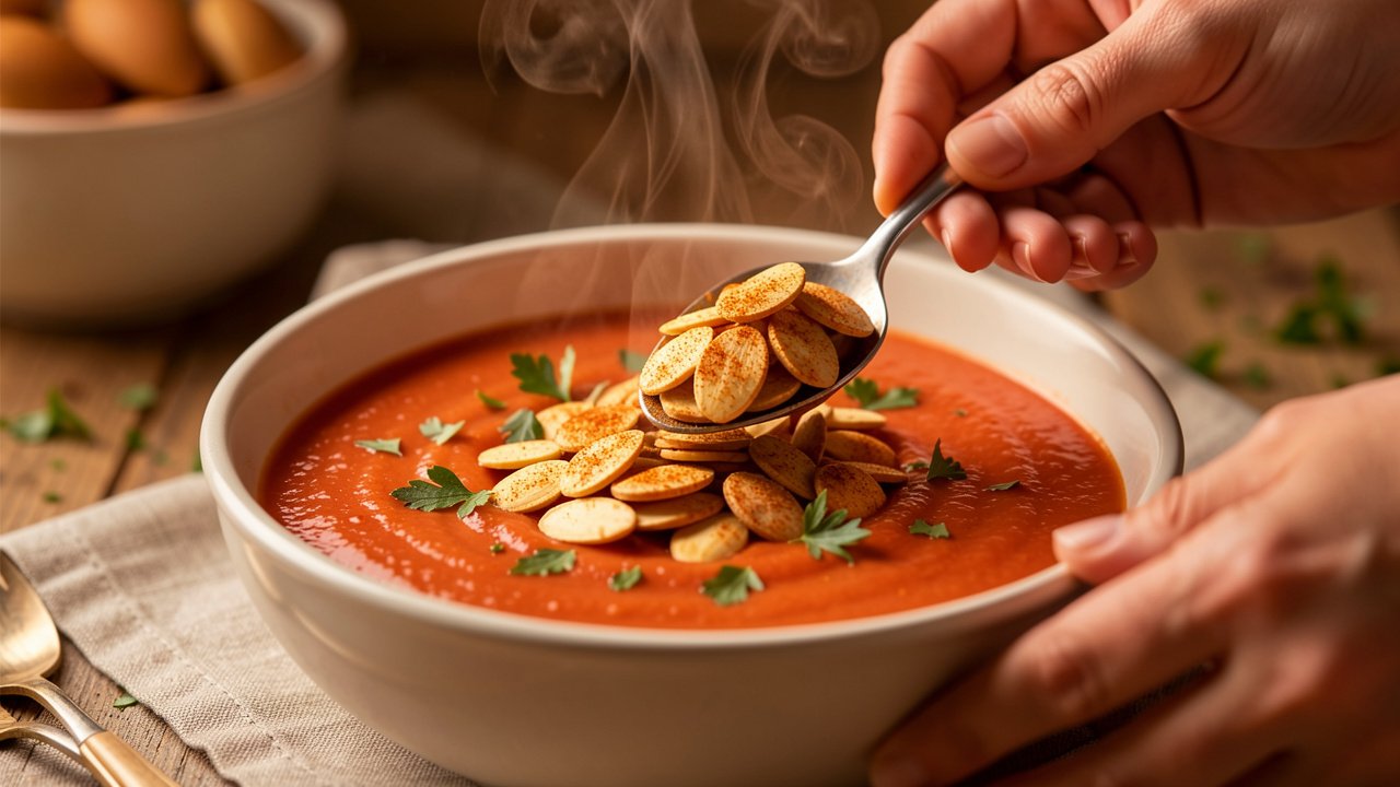 Toasted almonds being spooned onto the surface of a bowl of warm-spiced tomato soup