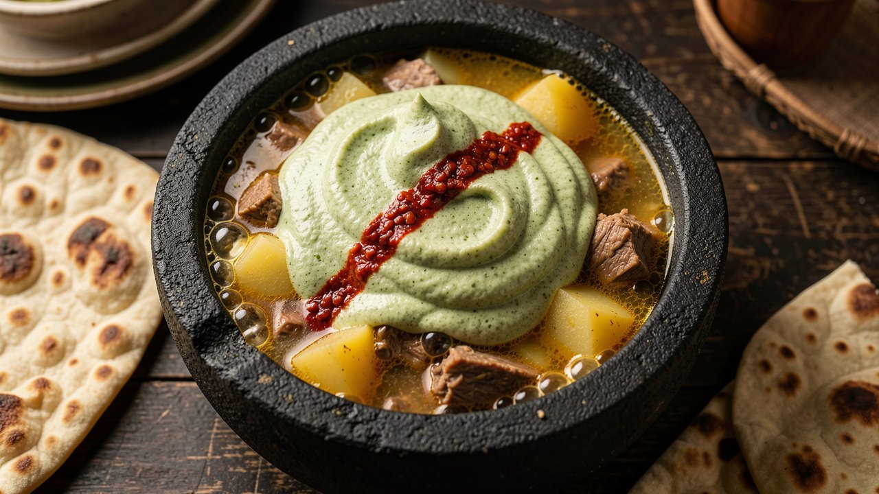 A bubbling stone pot of Yemeni saltah topped with green fenugreek froth and red sahawiq, with flatbread beside it