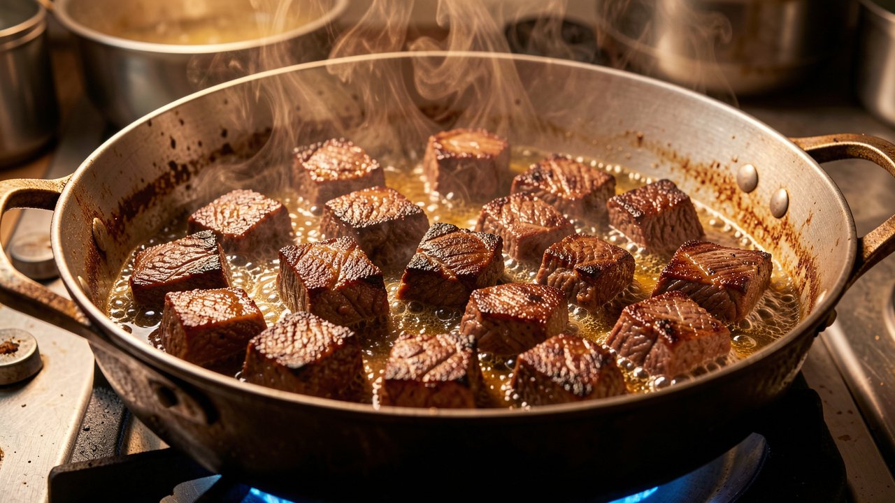Cubes of halal lamb or beef browning in a heavy pot