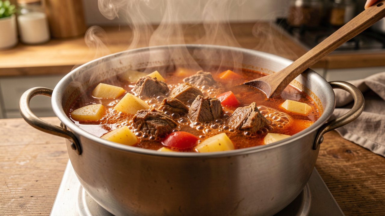 A pot of bubbling brothy maraq stew with meat, potato, and tomato