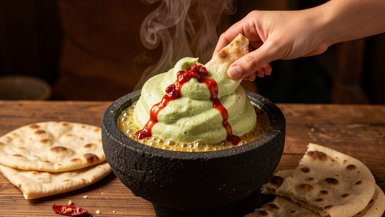 Saltah topped with whipped fenugreek froth and sahawiq relish, served with flatbread