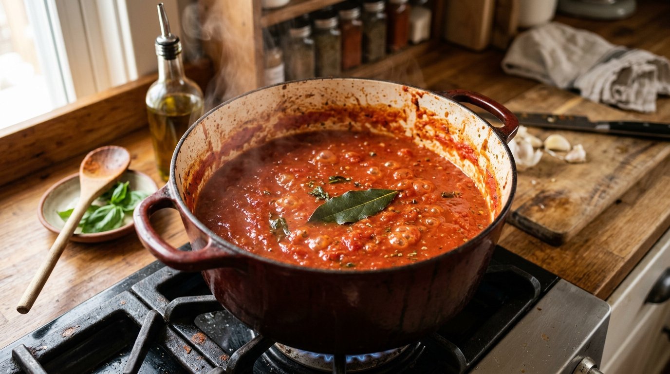 A pot of fresh tomato marinara sauce simmering gently with a bay leaf visible, sauce turning rich red