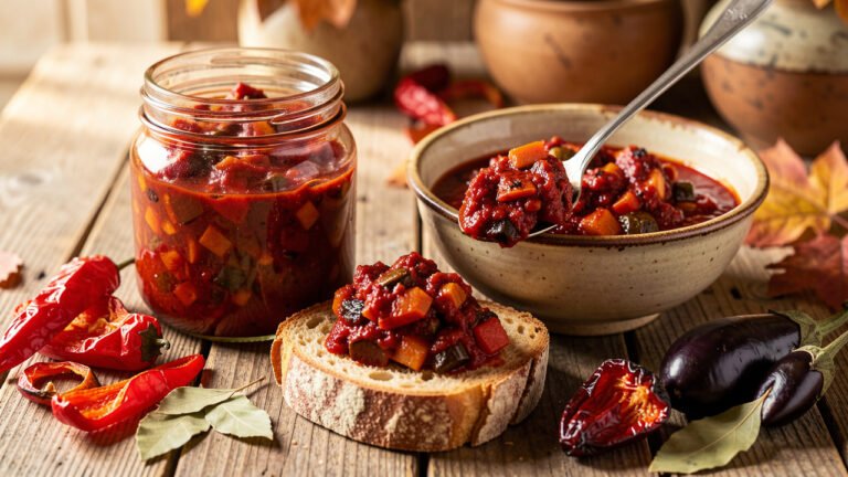 A jar and bowl of thick dark-red zacusca spread on rustic bread with roasted peppers nearby