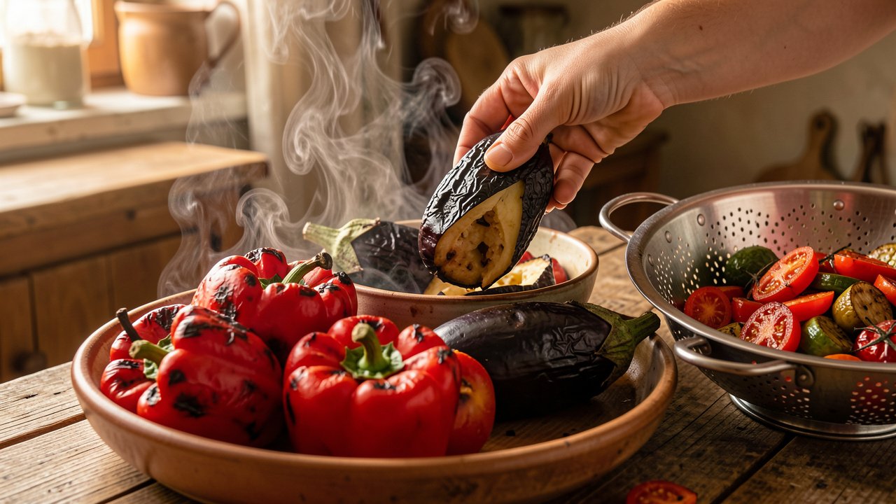 Charred red peppers and eggplant being peeled to reveal soft roasted flesh
