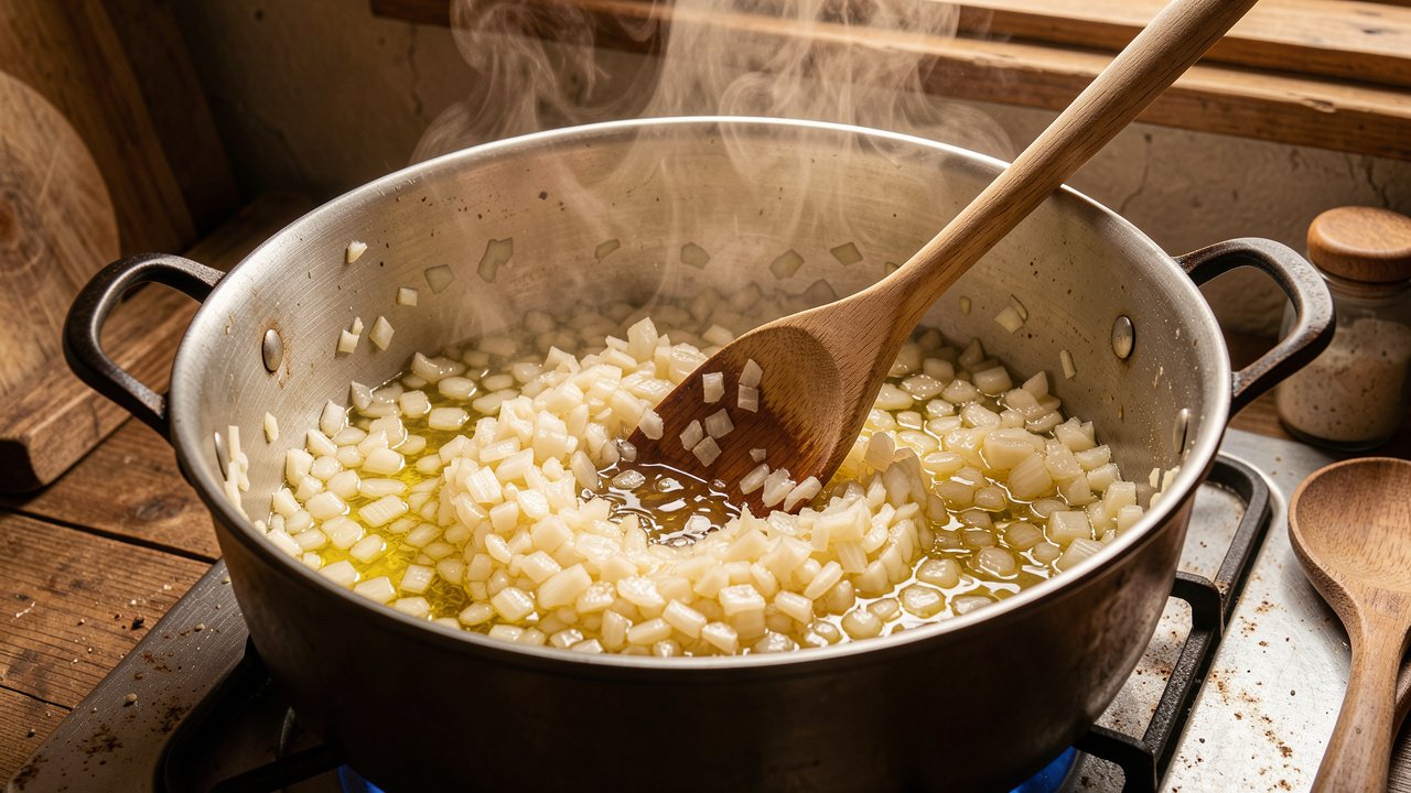 Finely chopped onions softening slowly in oil in a large pot