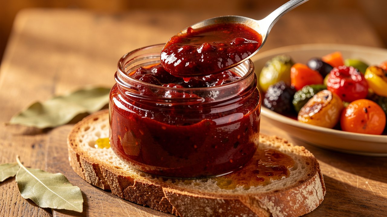 Thick dark-red zacusca being spooned into a jar and onto rustic bread