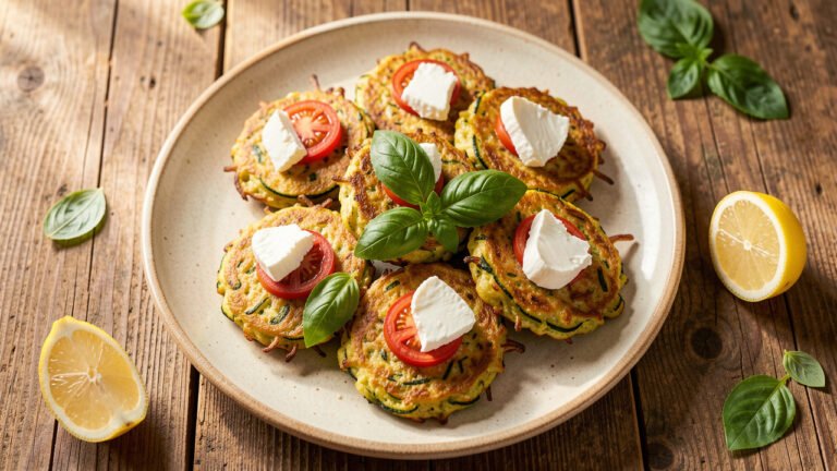 Crisp golden zucchini fritters topped with fresh mozzarella, tomato slices, and basil