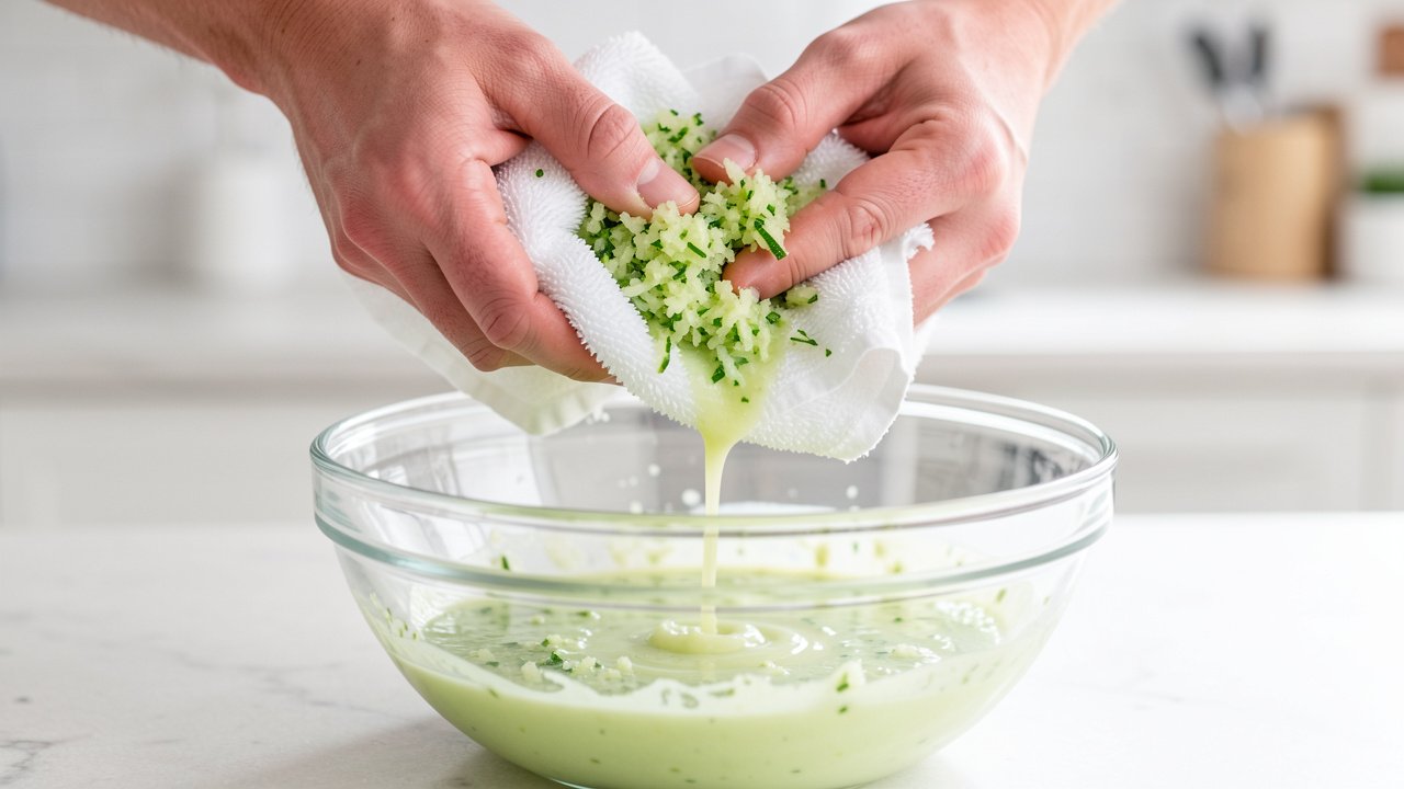 Hands squeezing water out of grated zucchini in a kitchen towel over a bowl