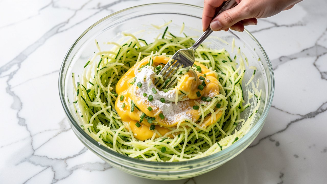 Squeezed grated zucchini being mixed with egg, scallions, and flour in a bowl