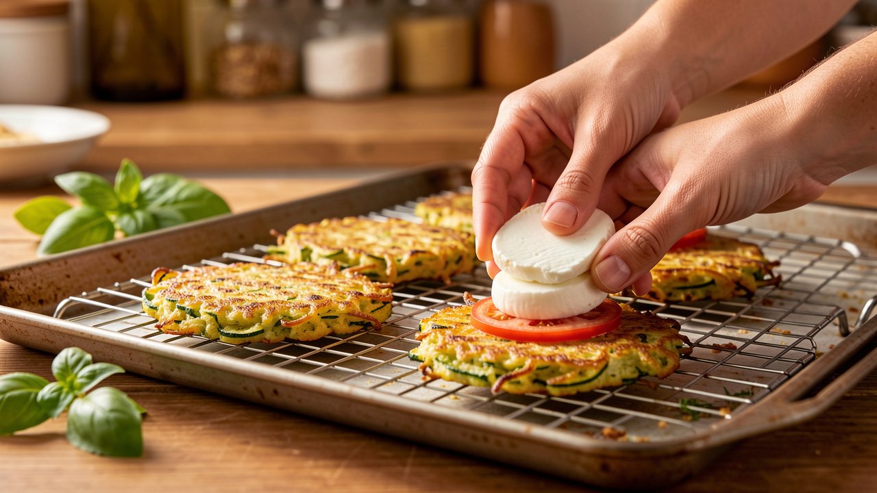 Zucchini fritters draining on a wire rack while being topped with mozzarella and tomato