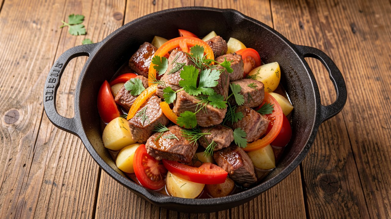 Azerbaijani buglama in a heavy pot with tender lamb, tomatoes, potato and peppers topped with fresh herbs