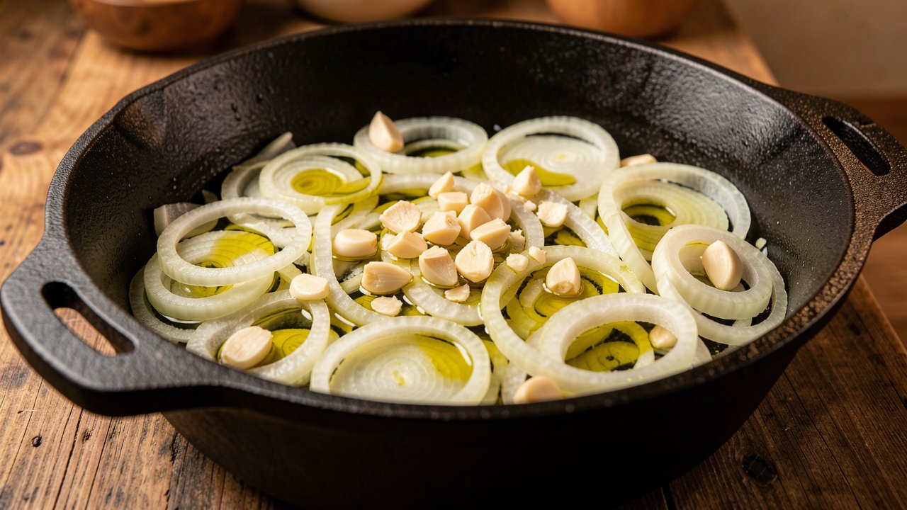 A heavy pot lined with sliced onions and garlic as the base layer for buglama
