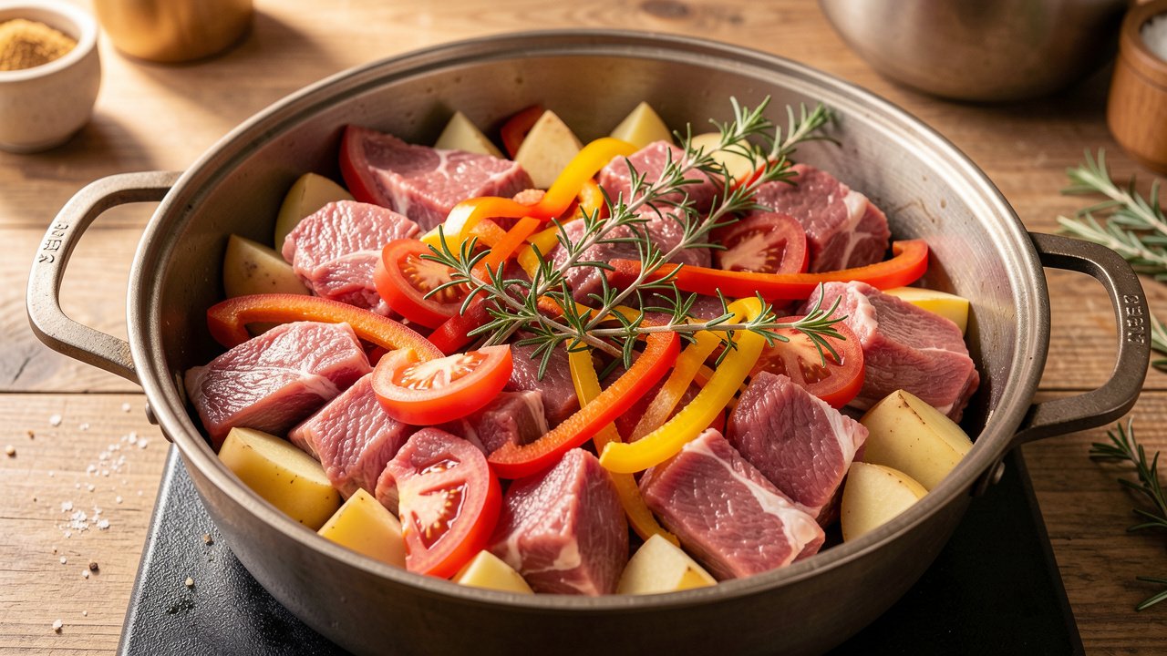 Buglama layered in a pot with lamb, tomato wedges, potato and pepper strips before steaming