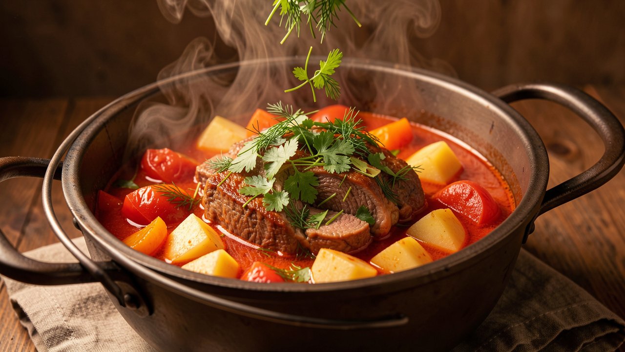 Finished buglama in an open pot being sprinkled with fresh cilantro and dill