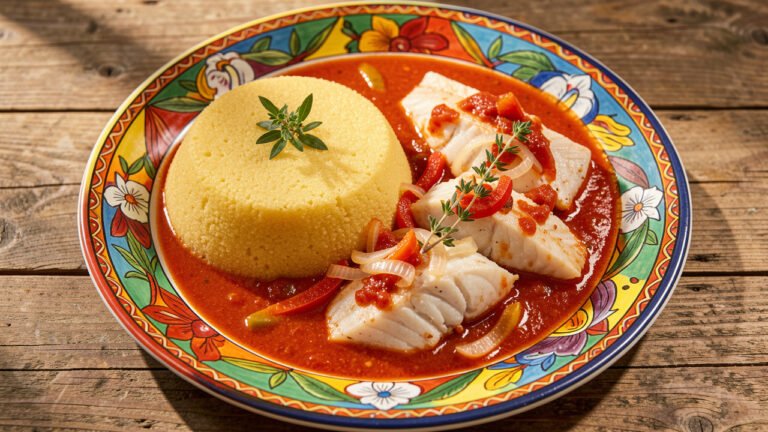 A smooth mound of cornmeal-okra cou-cou beside steamed fish in a red Bajan tomato gravy