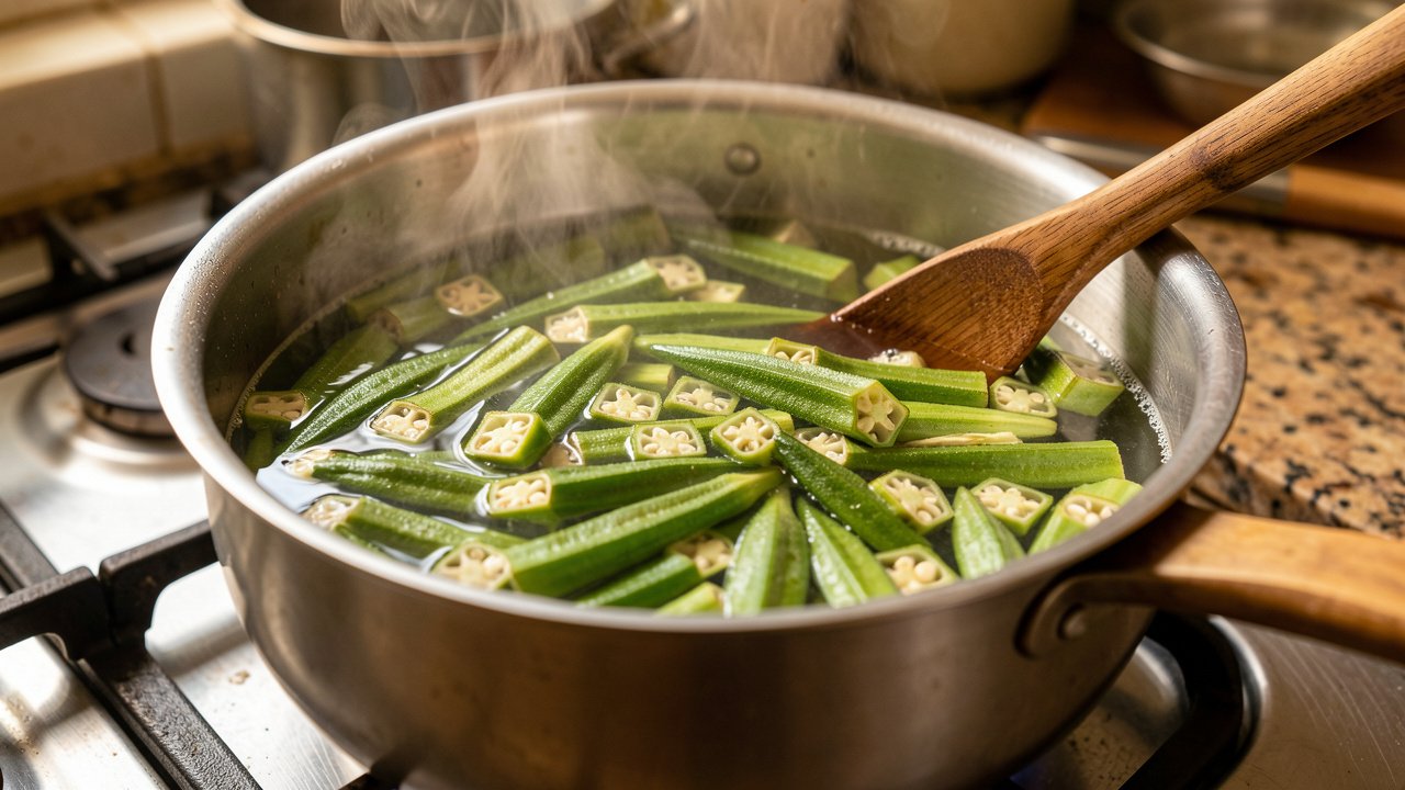 Sliced okra simmering in a pot of water for cou-cou