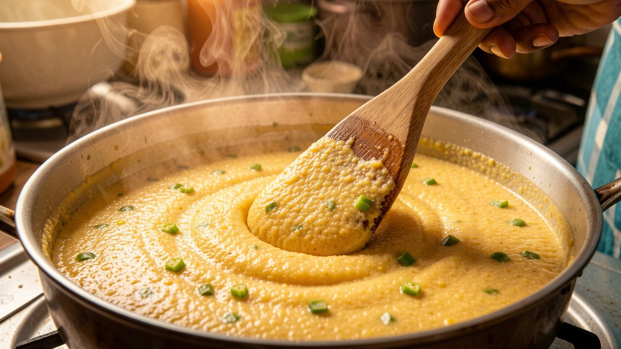 Smooth golden cou-cou being turned with a wooden stick in a pot