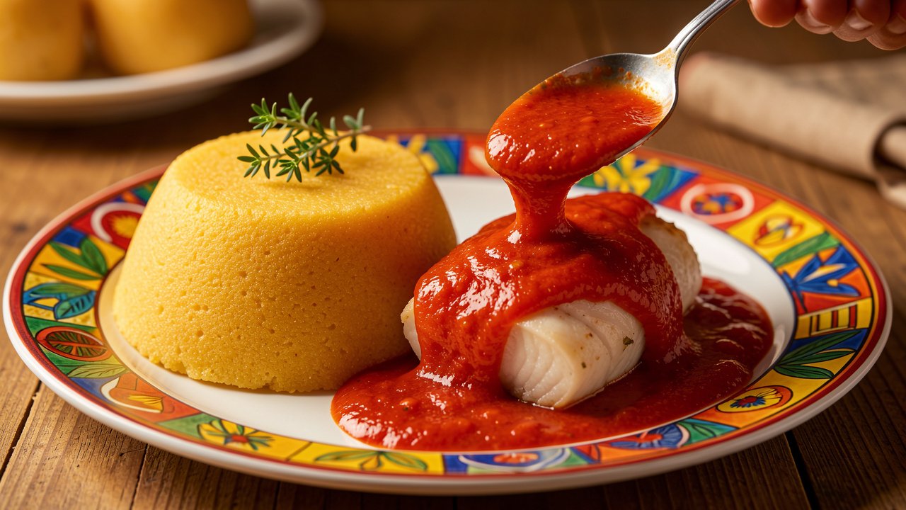 Plated cou-cou mound beside steamed fish with tomato gravy spooned over